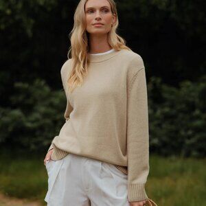 NEW Jenni Kayne Cashmere Cotton Oversized Crewneck Sweater Cream/Oatmeal Size S!